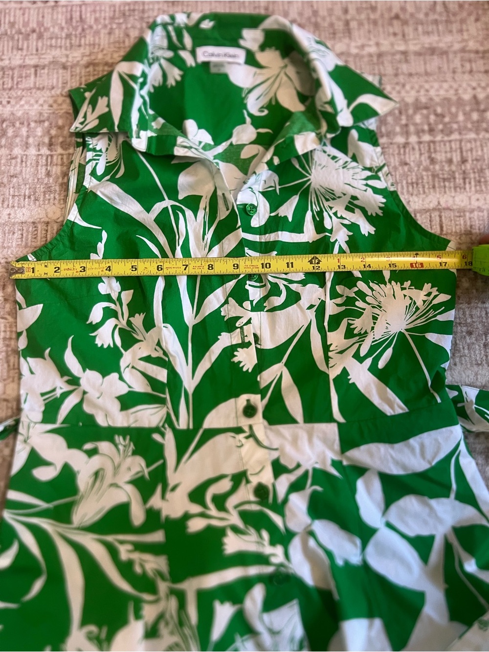 Calvin Klein Green White Floral Woven Midi Shirt Dress 6 Sleeveless Button - Picture 4 of 6